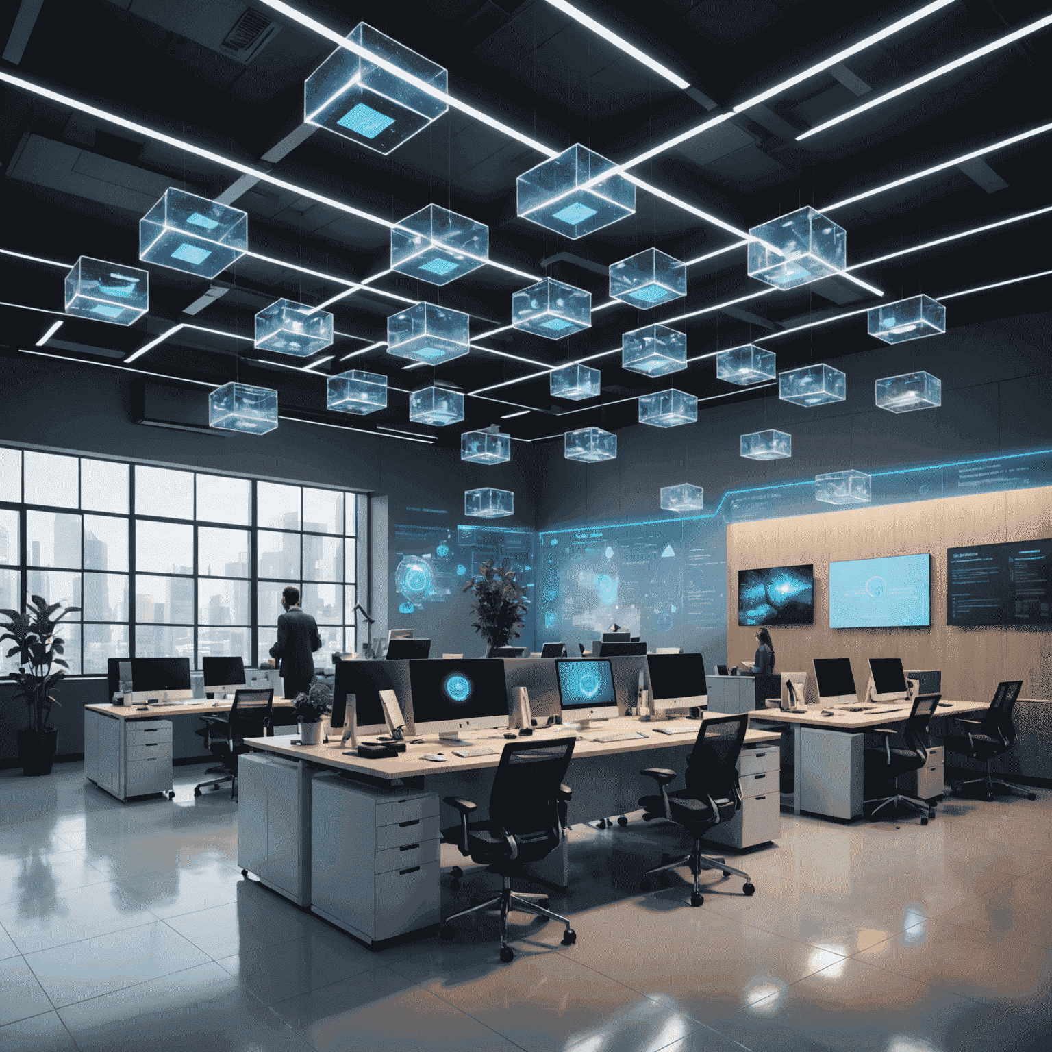 Futuristic office space with holographic job listings floating in the air, showcasing various departments at Guardian Life